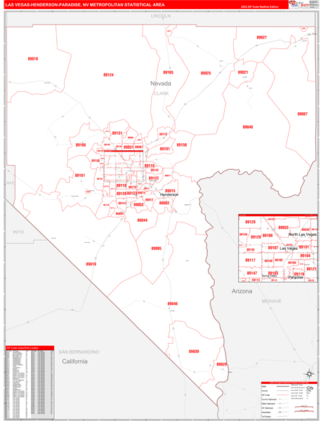 Las Vegas-Henderson-Paradise Metro Area Wall Map Red Line Style